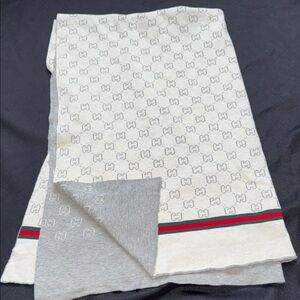 Gucci Ivory and Gray Logo baby blanket with Red-Green Accent